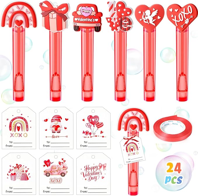 Valentines Party Favors for Kids Mini Bubble Wands Bulk with Card 24