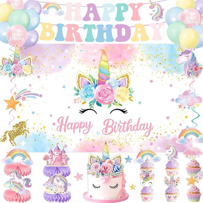 Unicorn Birthday Decorations Includes Banner Backdrop Balloons