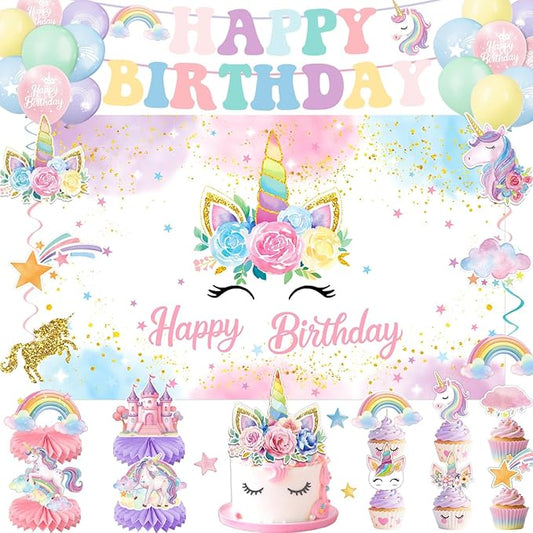 Unicorn Birthday Decorations Includes Banner Backdrop Balloons