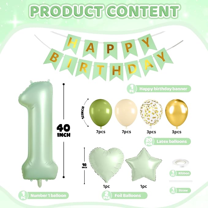 1st Birthday Decorations, 40 Inch Sage Green Number 1 Balloon, 18