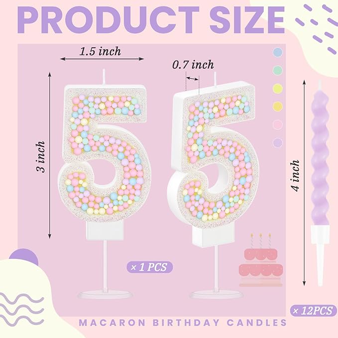 MTLEE Number 5 Birthday Candle with 12 Pcs Spiral Candles for Girls Ma