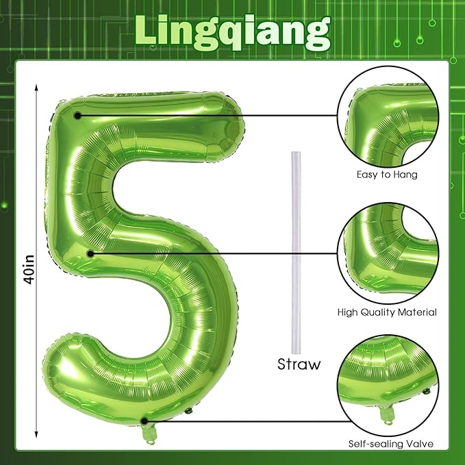 Green Number 5 Balloon for Girls Boys, 40 Inch Large Number 0-9 Foil