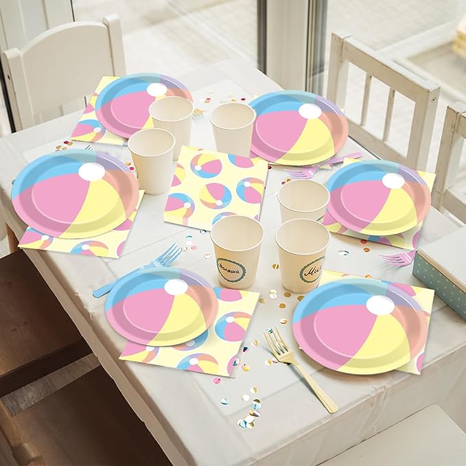 96PCS Summer Macaron Beach Ball Party Paper Plates and Napkins and