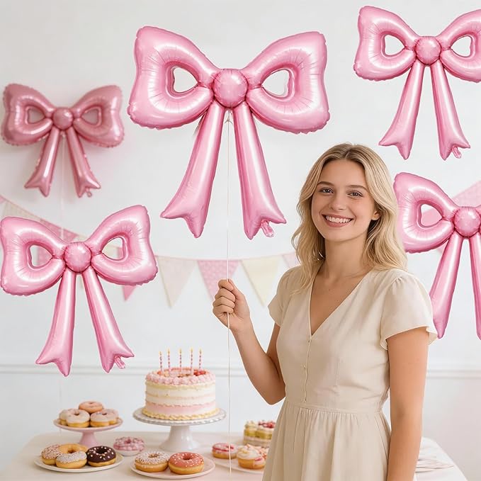 6 Pcs Pearl Pink Bow Balloons, 30 Inch Bow Foil Balloon, Pink Cutout