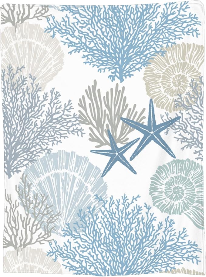 Nautical Coastal Blanket Starfish Seashell Coral Beach Themed Throw