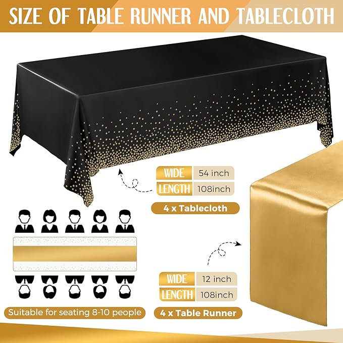 Breling 8 Pack New Year Black and Gold Disposable Plastic Tablecloths