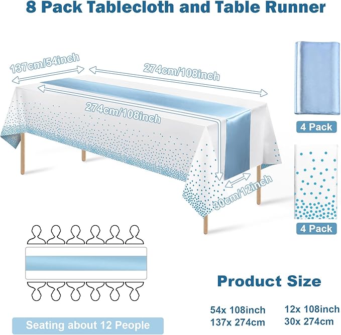 8Pack Disposable Plastic Tablecloths and Satin Table Runner Set White