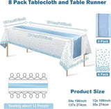 8Pack Disposable Plastic Tablecloths and Satin Table Runner Set White