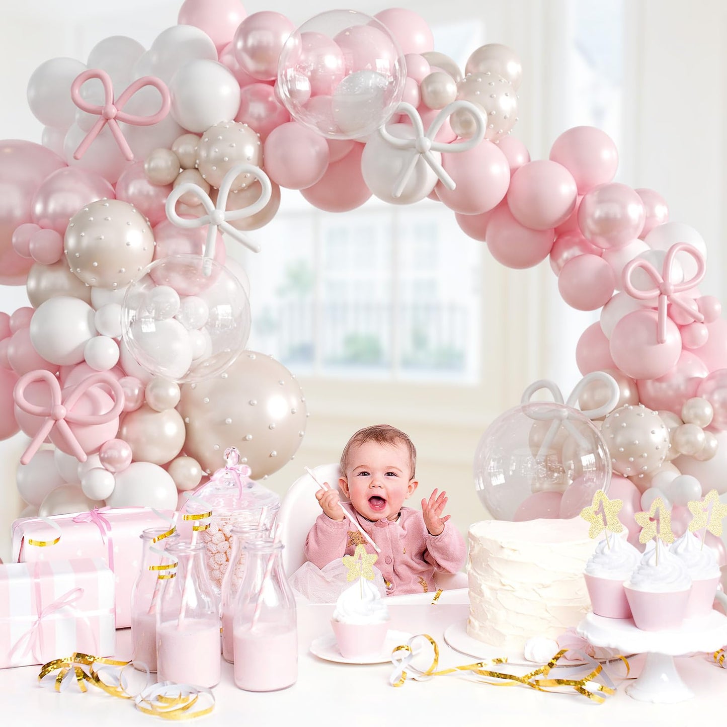 Pink Bow Balloon Arch Kit with Clear Light Pearl Pink and White