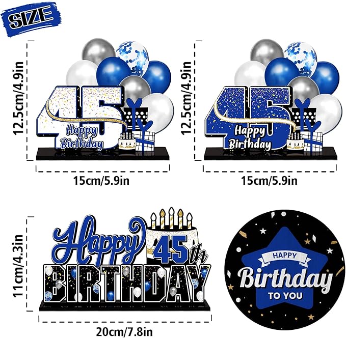 LINGTEER Happy 45th Birthday Blue Acrylic Table Topper Centerpieces