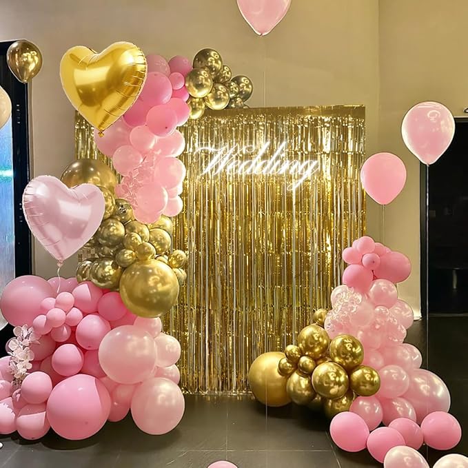 157PCS Pink and Gold Balloons Garland Arch Kit with Gold Fringe
