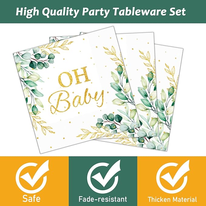 96PCS Sage Greenery Oh Baby Tableware Set Baby Shower Dinnerware