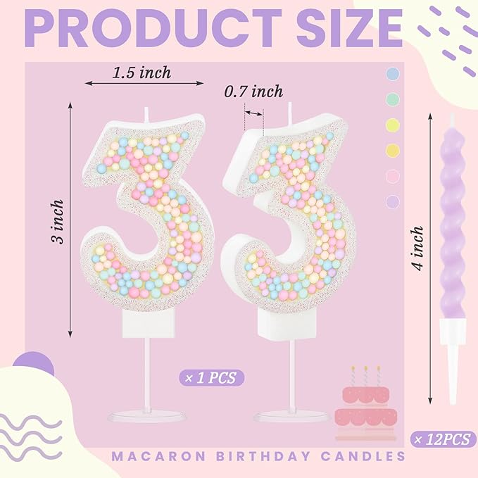 MTLEE Number 3 Birthday Candle with 12 Pcs Spiral Candles for Girls Ma