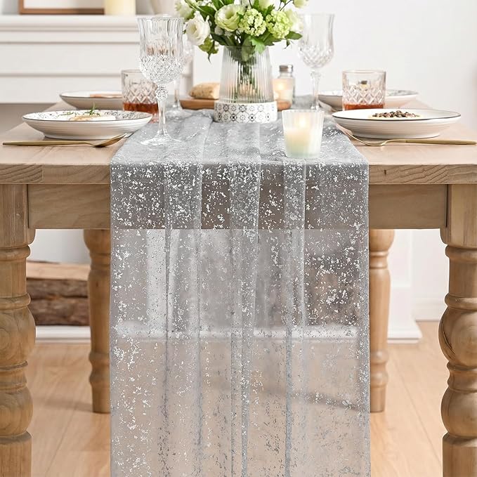 Artoid Mode Grey Gold Gauze Table Runner 120 Inch 10FT, Glitter