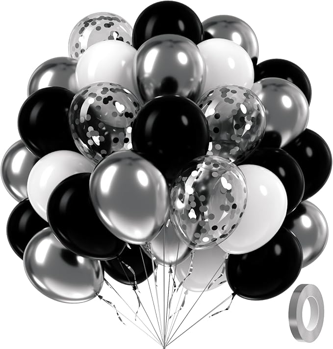 60pcs Black and Silver Balloons 12inch, Black and White Balloons with