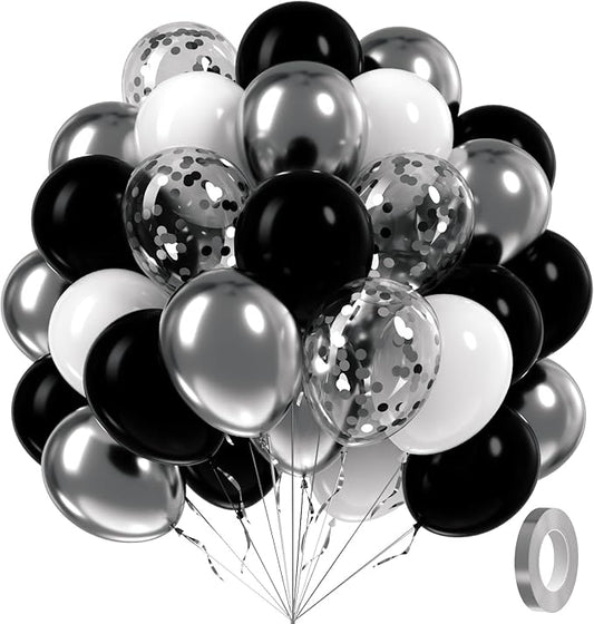 60pcs Black and Silver Balloons 12inch, Black and White Balloons with
