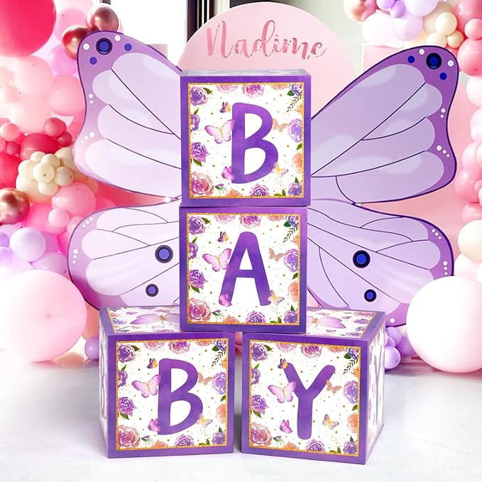 Baby Boxes with Letters and Butterfly Balloons for Gender Reveal