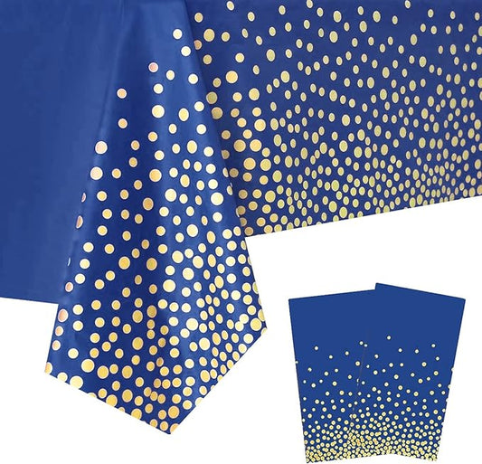 2 Packaging Blue and Gold Plastic Tablecloth, 54 inch x108 inch