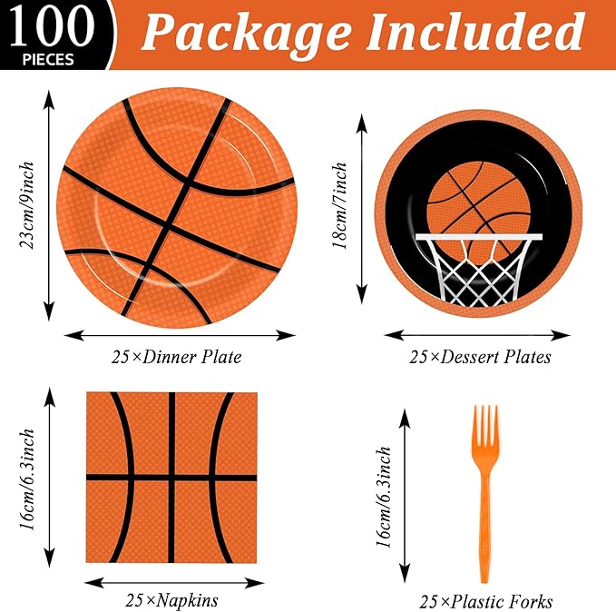 100 Pcs Basketball Party Plates and Napkins Set Basketball Birthday