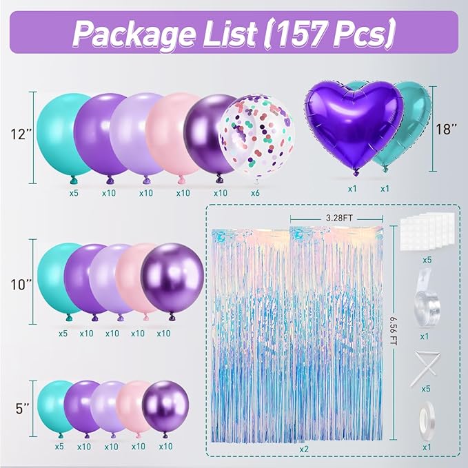 157Pcs Mermaid Balloons Garland Arch Kit with Fringe Curtain for