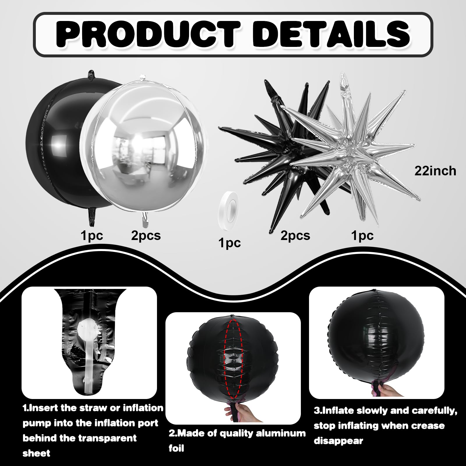 6Pcs Black Silver Foil Balloons,22Inch Black Silver 4D Round Ball
