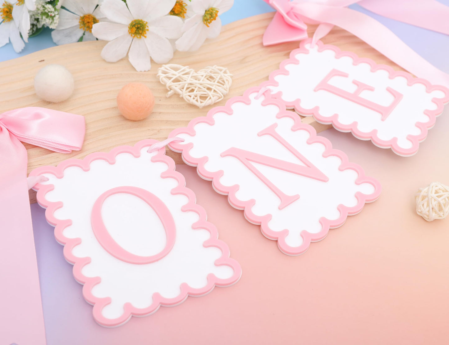 Girls 1st Birthday Decorations - Pink Bow High Chair Banner, Bow First