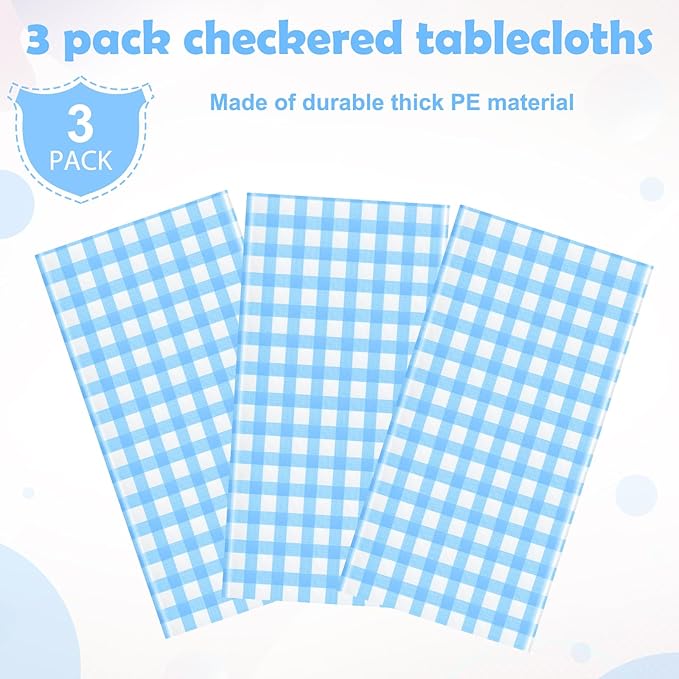 3pcs 54X108inch Light Blue Checkered Tablecloth,Blue Gingham