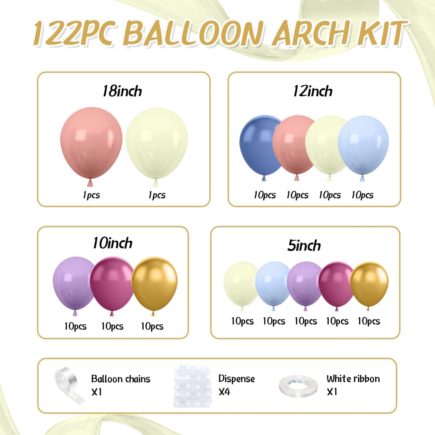 Pastel Balloon Arch Kit,122Pcs Pink Blue Yellow Purple Metallic Gold