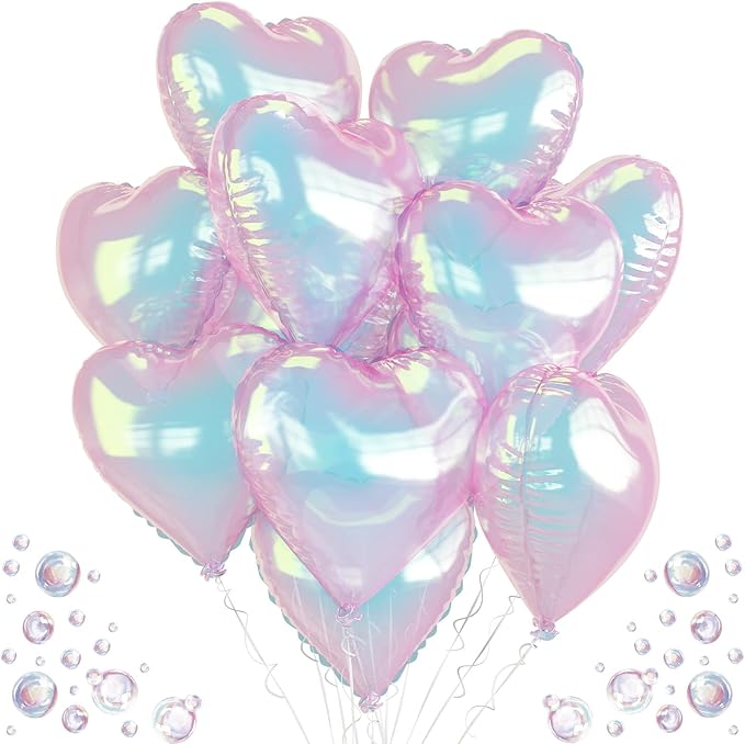 Iridescent Heart Balloons, 9PCS 18Inch Transparent Laser Heart Foil