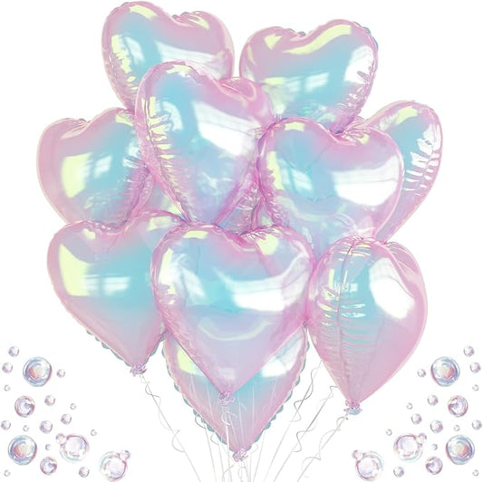 Iridescent Heart Balloons, 9PCS 18Inch Transparent Laser Heart Foil