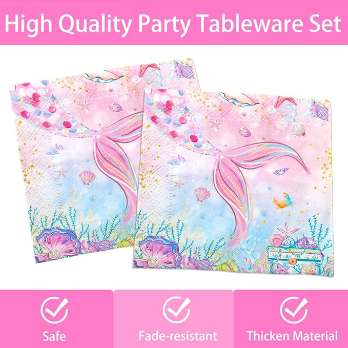 120Pcs Mermaid Birthday Party Plates Under the Sea Ocean Paper