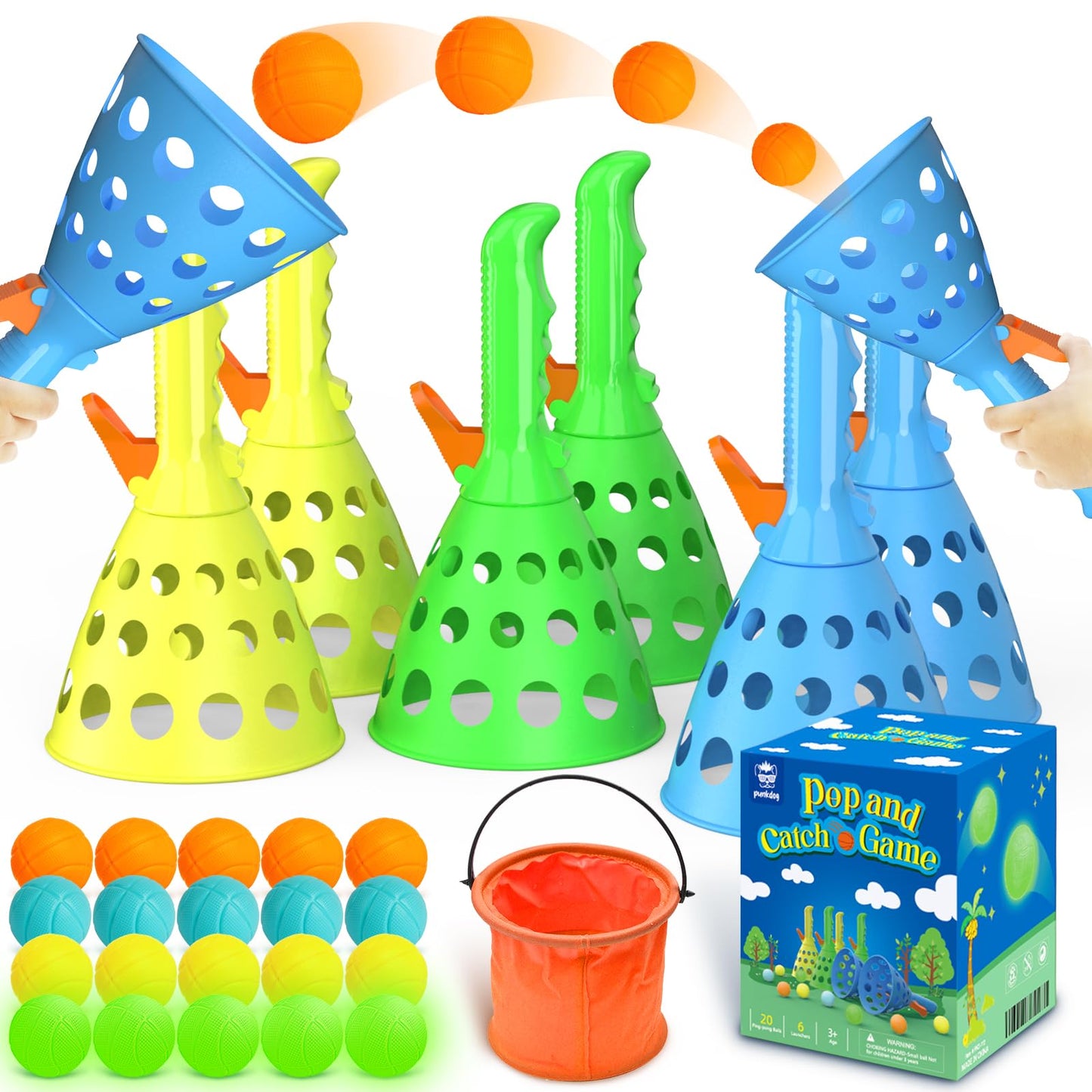 punkdog Pop and Catch Ball Game with 15 Ping Pong Balls, 5 Glow Balls