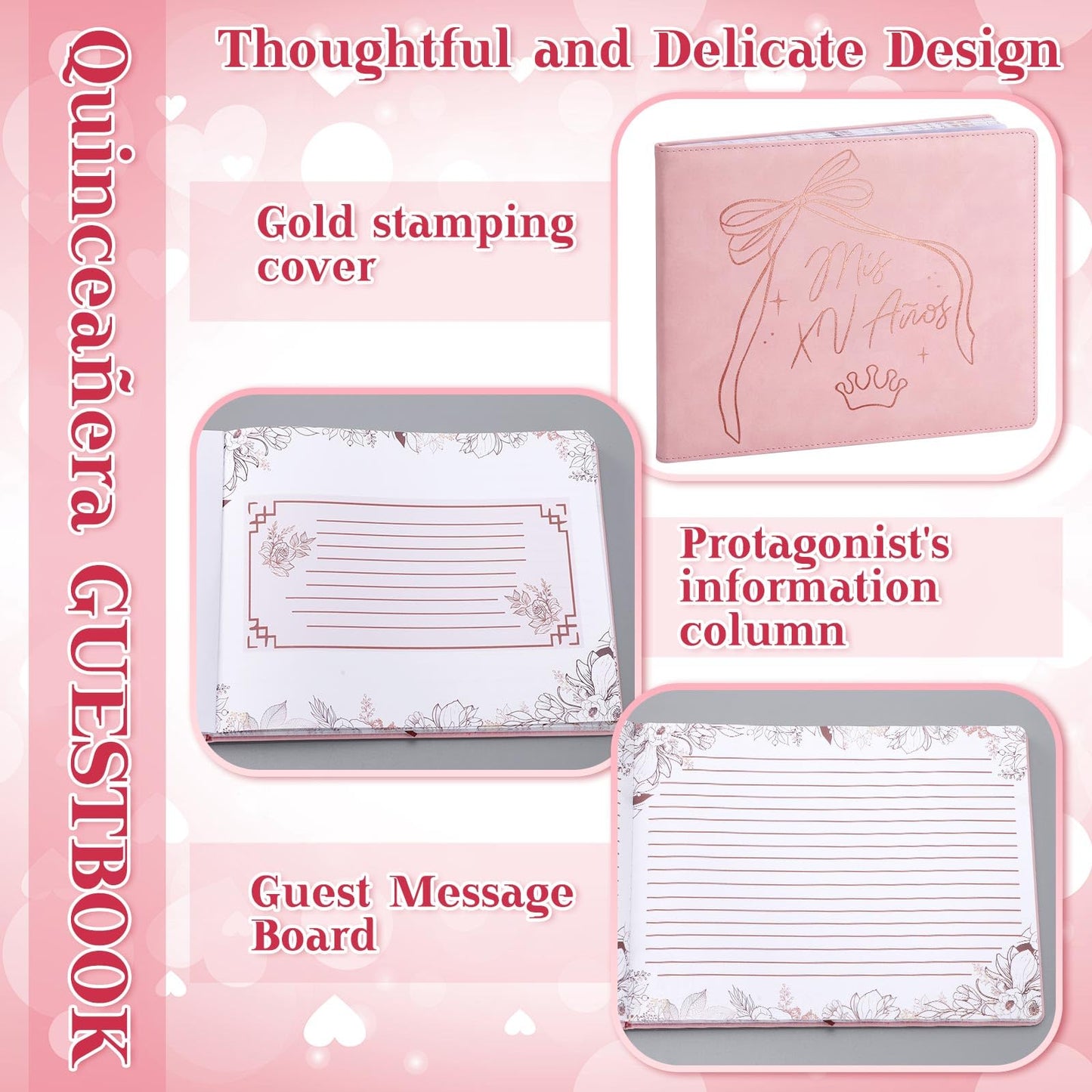 MotiMind Quinceanera Guest Book with Pen 11 x 8 Inch Libro De Firmas