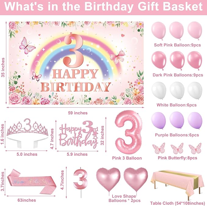 3rd Birthday Decorations for Girls 47pcs Pink Flower Rainbow Banner