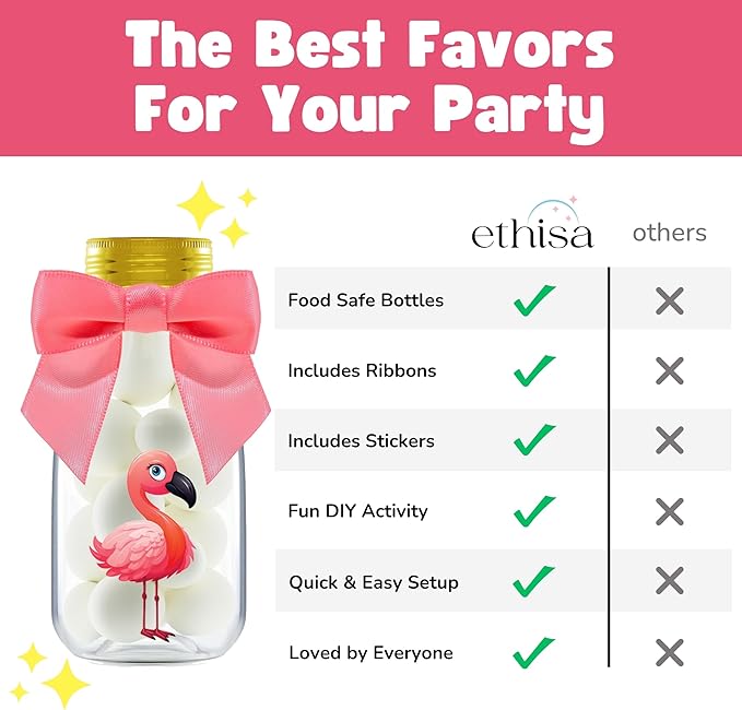 Small 12 Pack Flamingo Party Favors DIY Candy Jars with Ribbons and