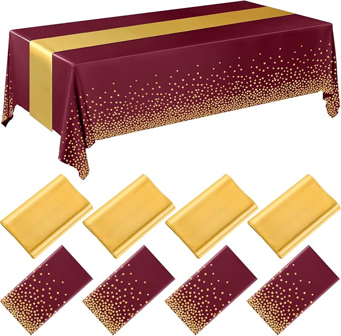 Breling 8 Pack Burgundy and Gold Disposable Plastic Tablecloths and