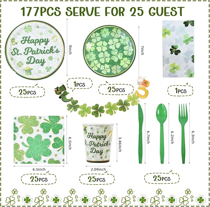 St Patrick's Day Disposable Tableware for 25 Guests Irish Themed