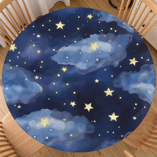 Dark Blue Round Tablecloth 48-52 inch, Stars Clouds Fitted Table Cloth