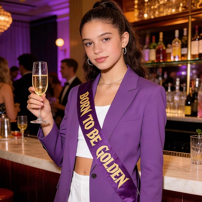 “BORN TO BE GOLDEN” Demon Movie Party Sash, Purple Satin with Gold