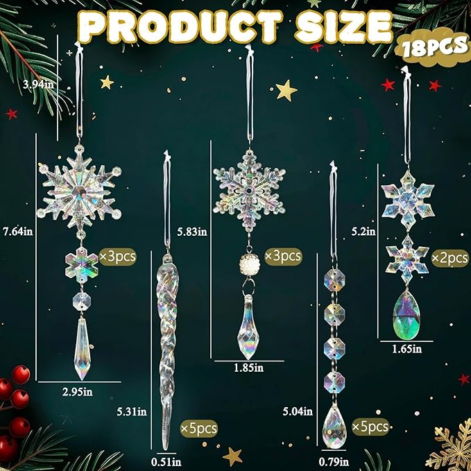 Christmas Tree Decorations Crystal Ornaments - 18pcs Iridescent