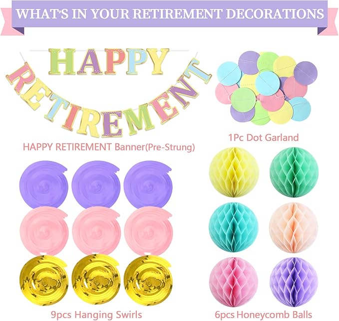 Retirement Party Decorations Kit for Women 17 Piece Elegant Pastel