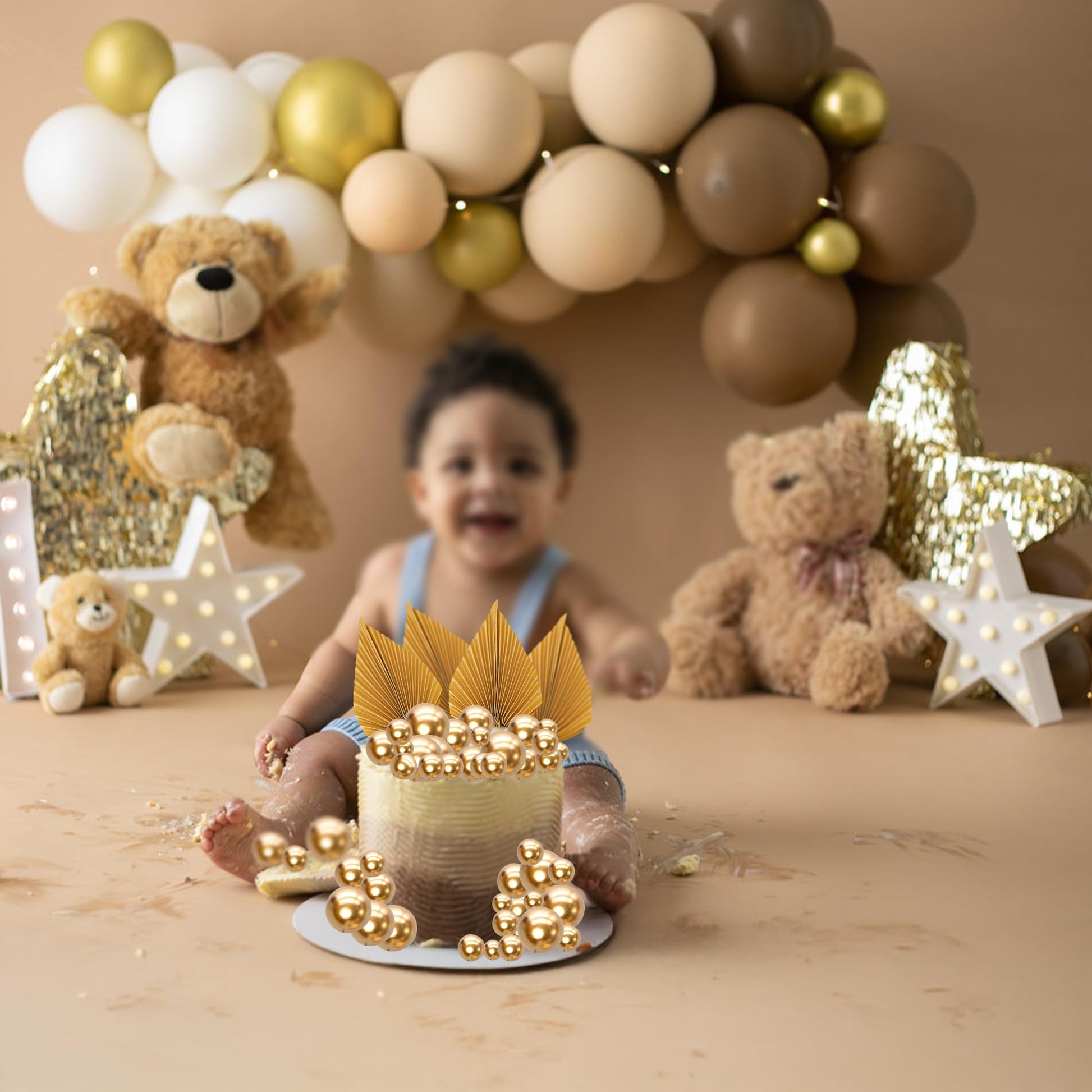 Ephlyn 28Pcs Paper Palm Fan Cake Topper Balls Cake Pick for Baby Gold