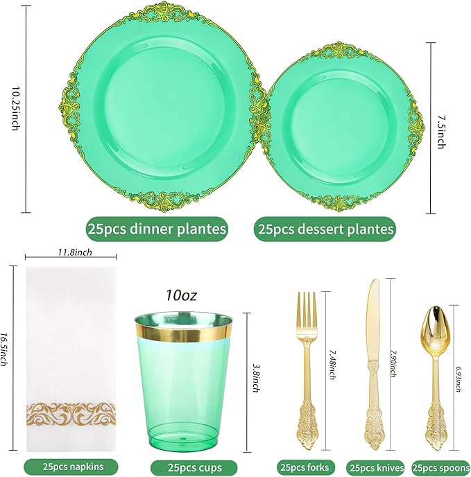 Hioasis 175pcs Clear Green Plastic Plates - Elegant Disposable