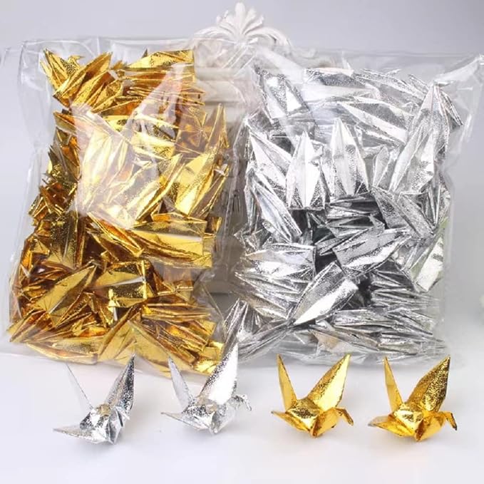 100PCS Gold Premade Iridescent 3.94" Origami Paper Cranes Folded 1000