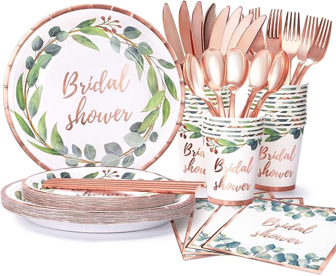 168Pcs Green and Rose Gold Party Decoration Bridal Shower Plates and
