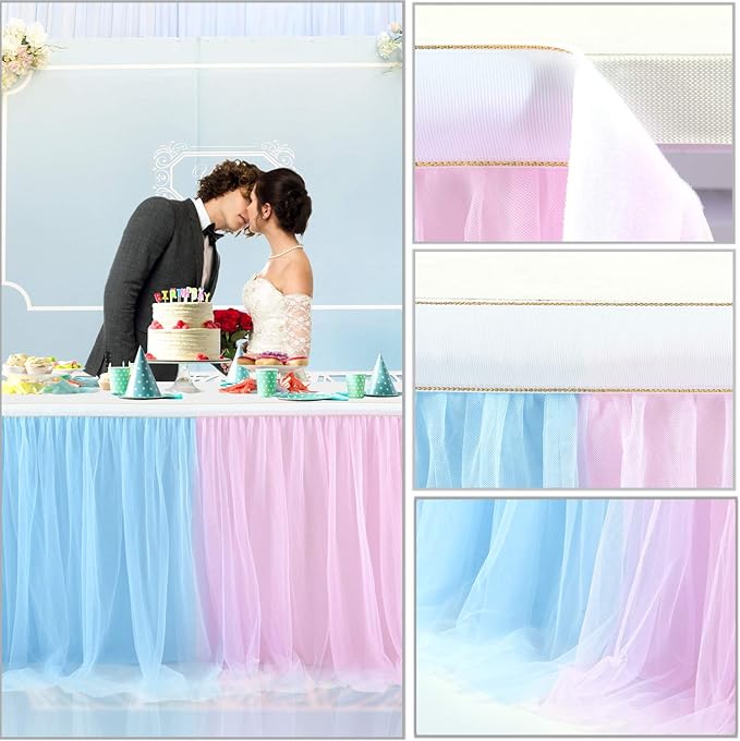 6ft Pink and Blue Tulle Table Skirt for Gender Reveal Tutu Table