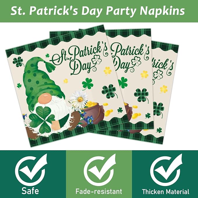 96 Pcs St Patrick's Day Plates and Napkins Green Shamrock Gnome