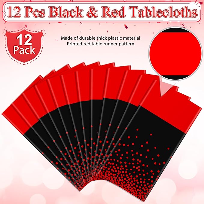 MASHAN 12Pcs Black and Red Tablecloth Party Decorations,Plastic Black
