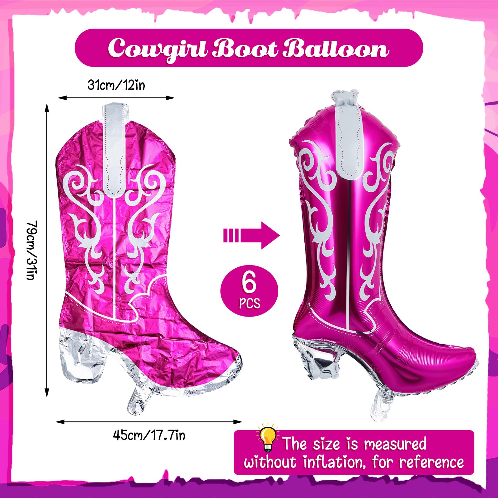 Wettarn 6 Pcs Cowboy Boot Balloons Bulk 25.6 Inch Large Cowgirl R Pink