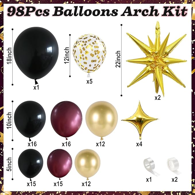 Black Burgundy Gold Balloons Arch Kit Maroon Black Gold Balloons